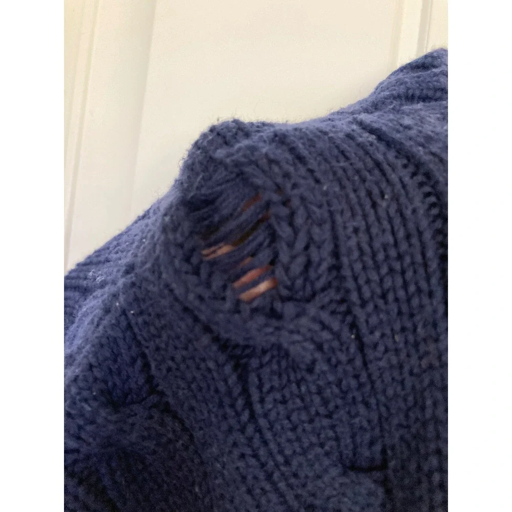 Ralph Lauren Sport Navy Blue Cable Knit V-Neck Cotton Sweater Pink Pony Large
